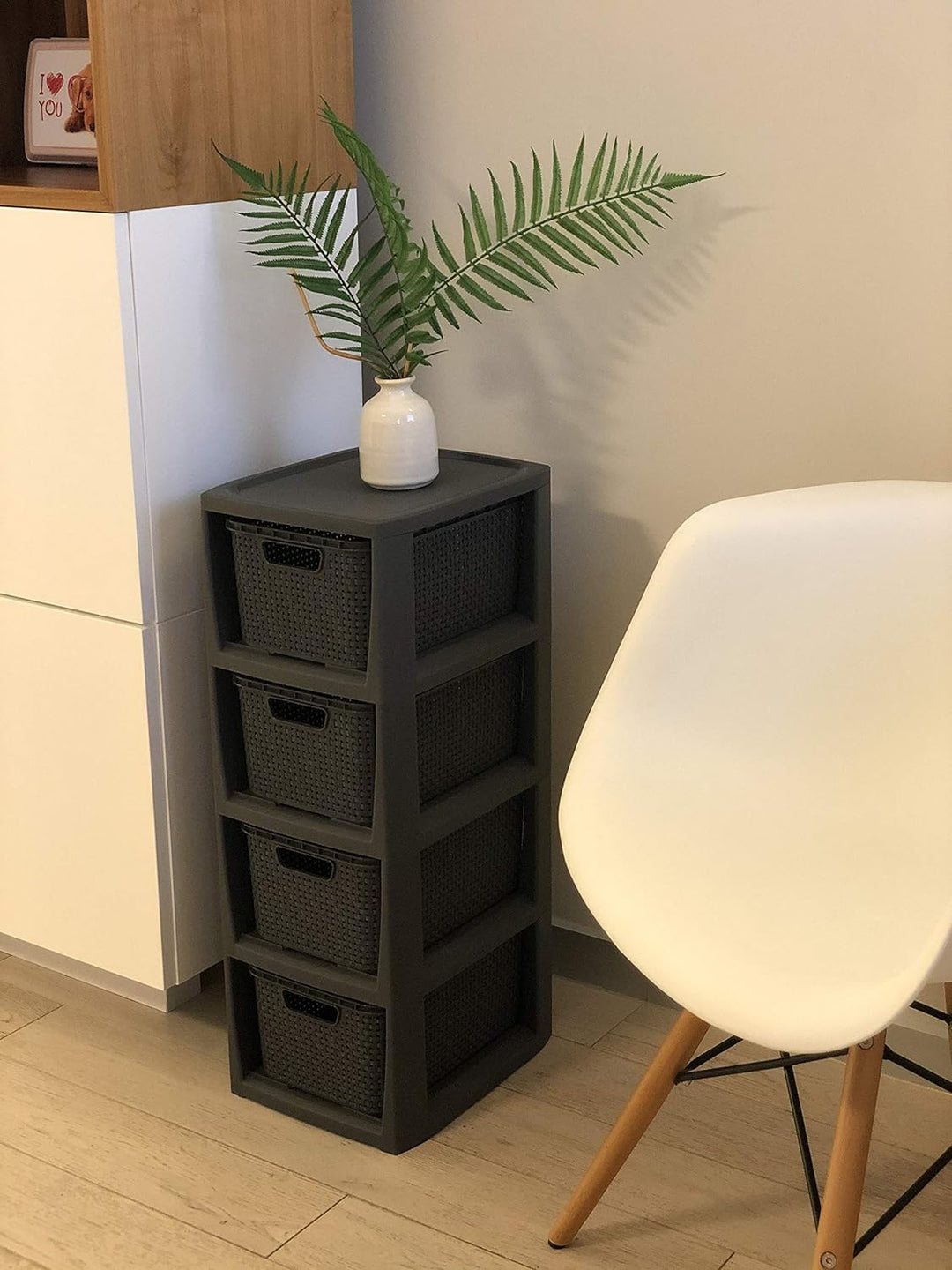 BranQ - Home essential Regal in Rattan Design, Plastic, Anthrazit, 23 x 29 x 65 cm 4 Körben Anthrazi