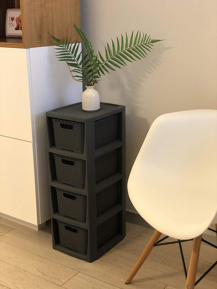 BranQ - Home essential Regal in Rattan Design, Plastic, Anthrazit, 23 x 29 x 65 cm 4 Körben Anthrazi