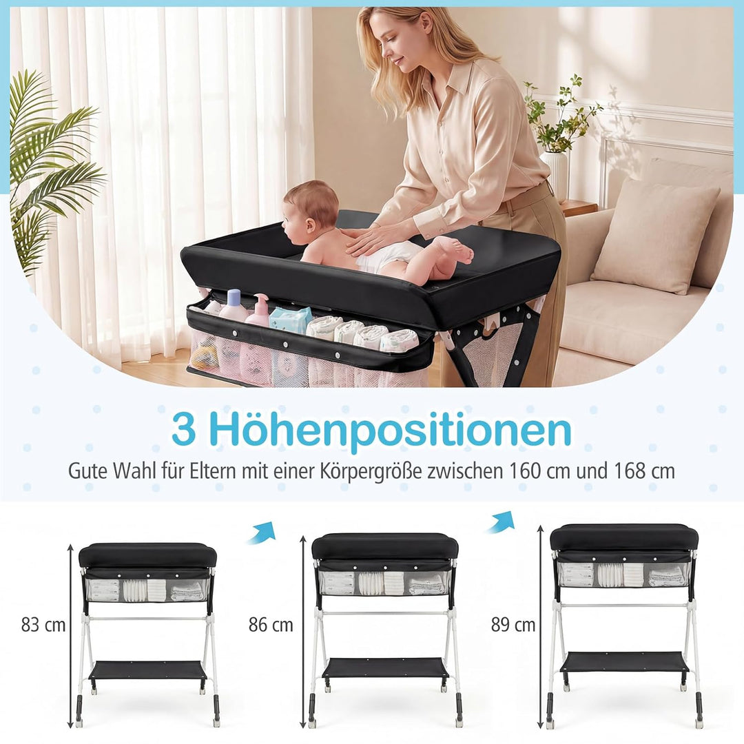 COSTWAY 3 in 1 Wickeltisch klappbar, mobile Wickelkommode mit Rollen, Wickelstation höhenverstellbar