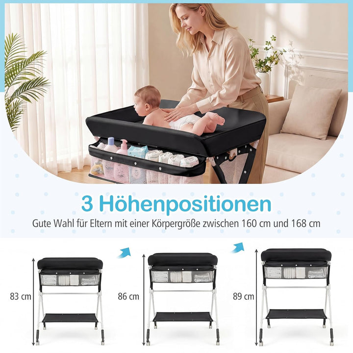 COSTWAY 3 in 1 Wickeltisch klappbar, mobile Wickelkommode mit Rollen, Wickelstation höhenverstellbar