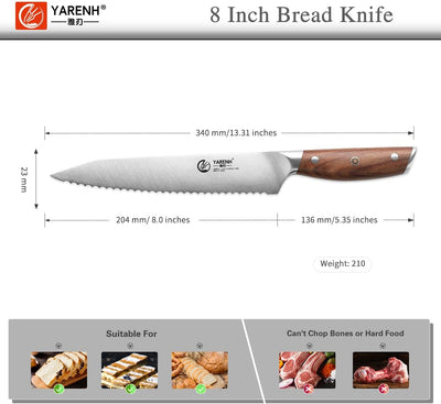 YARENH Küchenmesser Brotmesser Scharf - Wellenschliff - 20 cm Edelstahl Klingen und Holzgriff Brotme