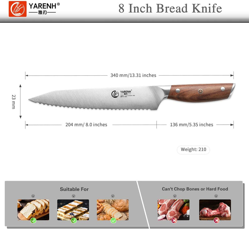 YARENH Küchenmesser Brotmesser Scharf - Wellenschliff - 20 cm Edelstahl Klingen und Holzgriff Brotme