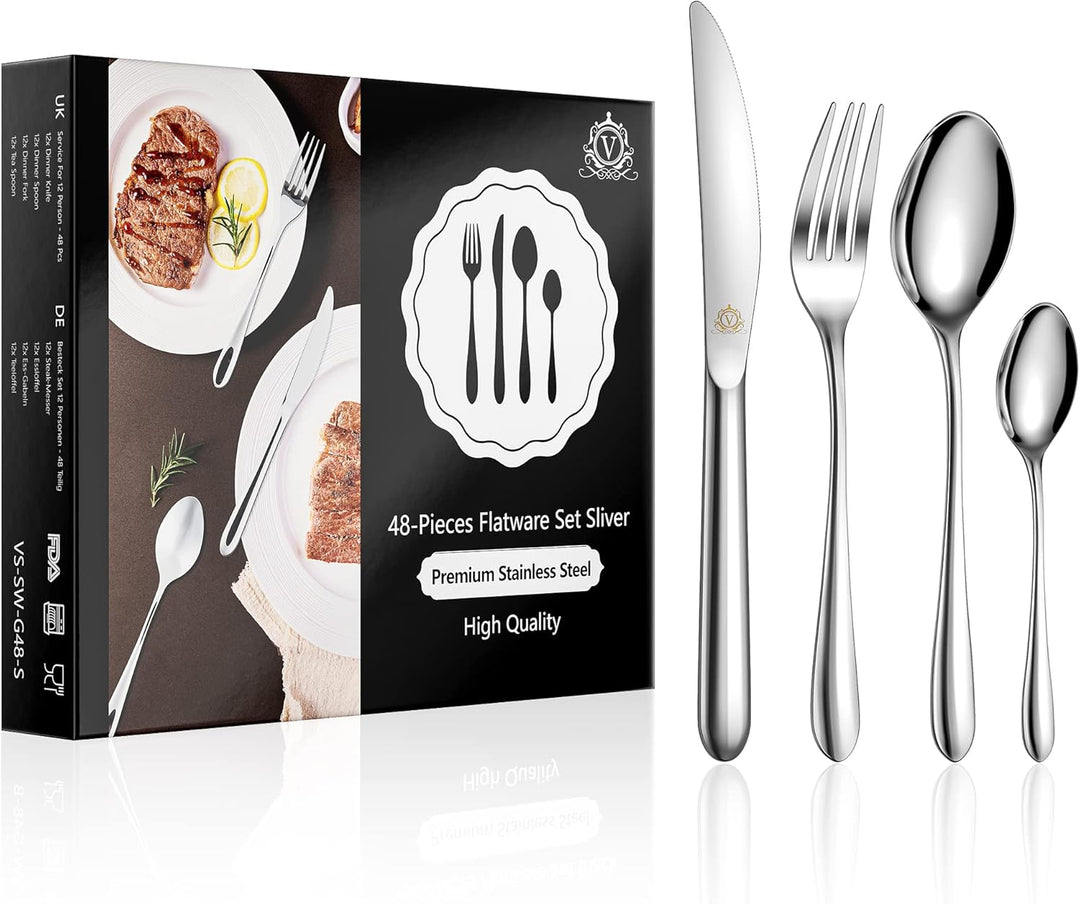 vancasso Besteck Set 12 Personen, 48-Teilig Siber Besteckset mit Messer/Gabel/Löffel/Dessertlöffel,