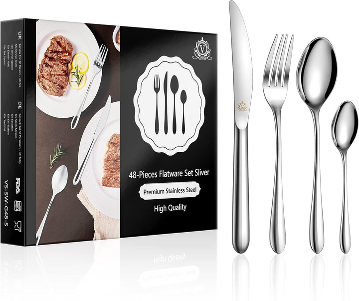 vancasso Besteck Set 12 Personen, 48-Teilig Siber Besteckset mit Messer/Gabel/Löffel/Dessertlöffel,