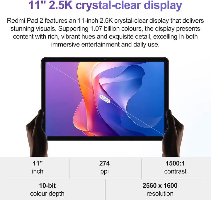 XIAOMI Redmi Pad 2 - Tablette Avec Écran 11" 2.5K 90Hz, 128GB + 4GB RAM, MediaTek G100-Ultra, Batter