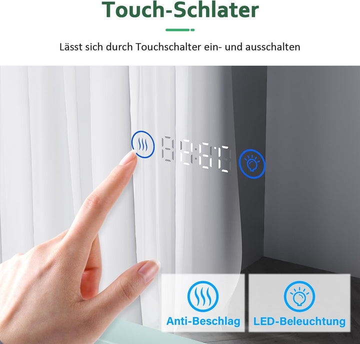 SUNXURY LED Badspiegel mit Uhr 100x60cm 3 Lichtfarbe dimmbar Wandspiegel mit 3X Vergrösserungslupe S