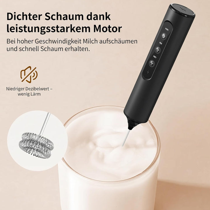 Wiederaufladbarer Hand-Milchaufschäumer mit Ständer, 3 variable Geschwindigkeiten, 3 Quirlaufsätze,