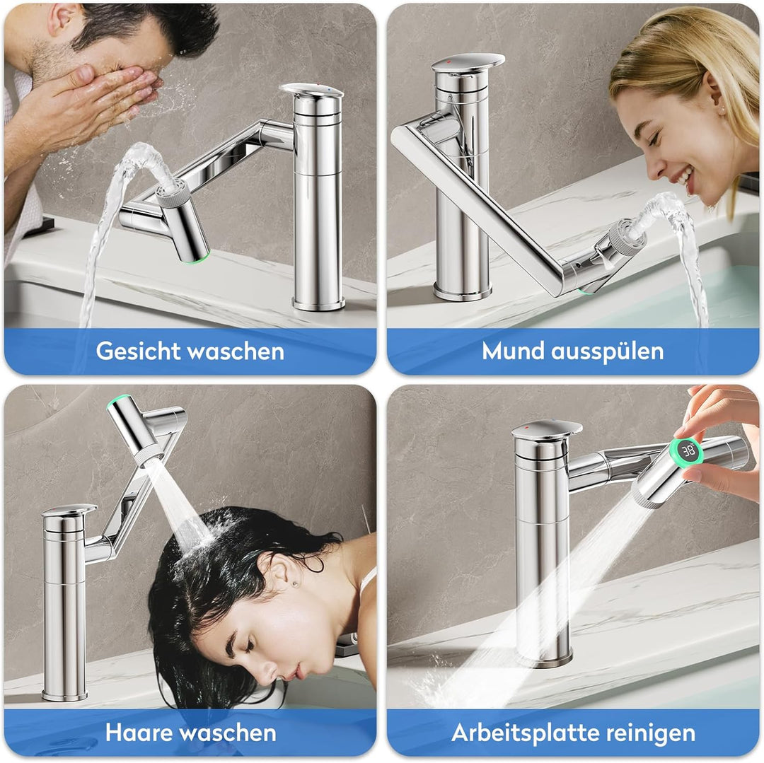 JONKEAN Wasserhahn Bad mit Temperaturanzeige(Batterielos), 1080° Drehbar Einhebelmischer Waschbecken