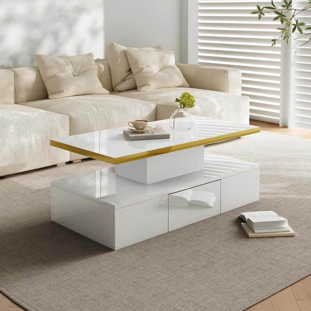 Merax Moderner LED Couchtisch, Wohnzimmertisch mit Schubladen, Beistelltisch mit Offener Stauraum un