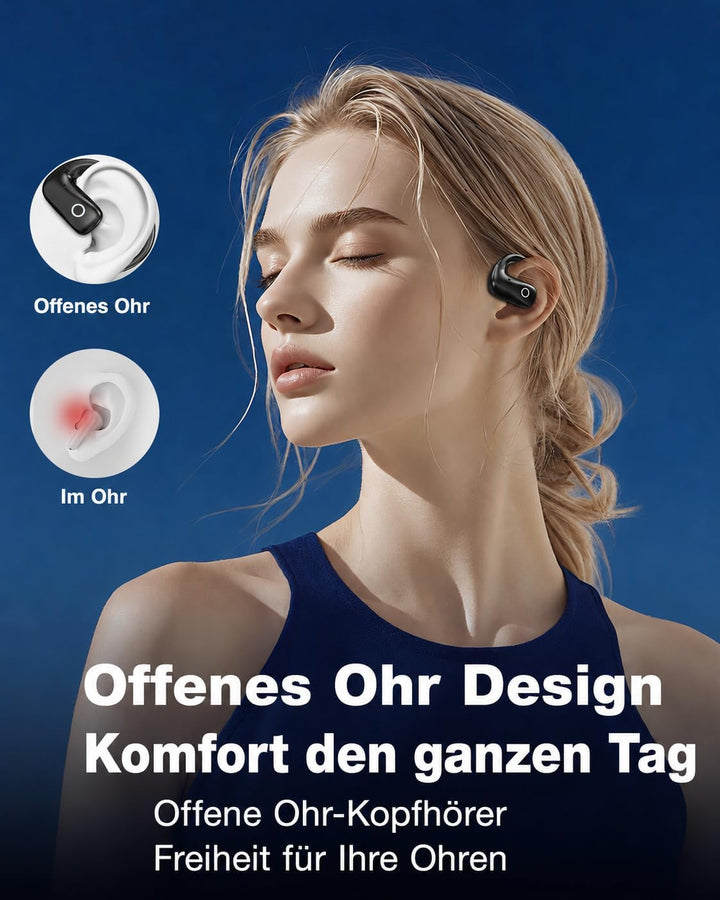 Wantek Open-Ear Kopfhörer Bluetooth, Sicherer und komfortabler Sitz, Klare Anrufe, 40 Stunden Akkula