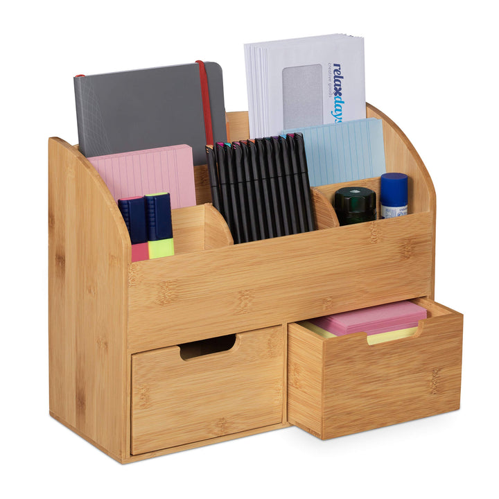 Relaxdays Schreibtisch Organizer, 6 Fächer, 2 Schubladen, für Büroutensilien, Bambus, Briefablage, 2