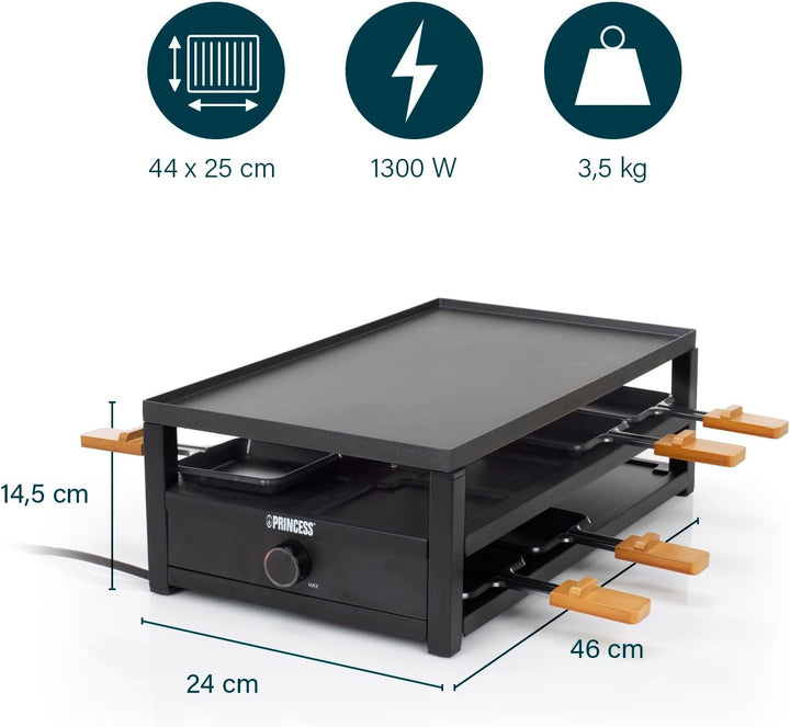 Princess Raclette Black Steel – 8 Personen Parkdeck für Pfännchen grosse Kochfläche 44 x 25 cm regel