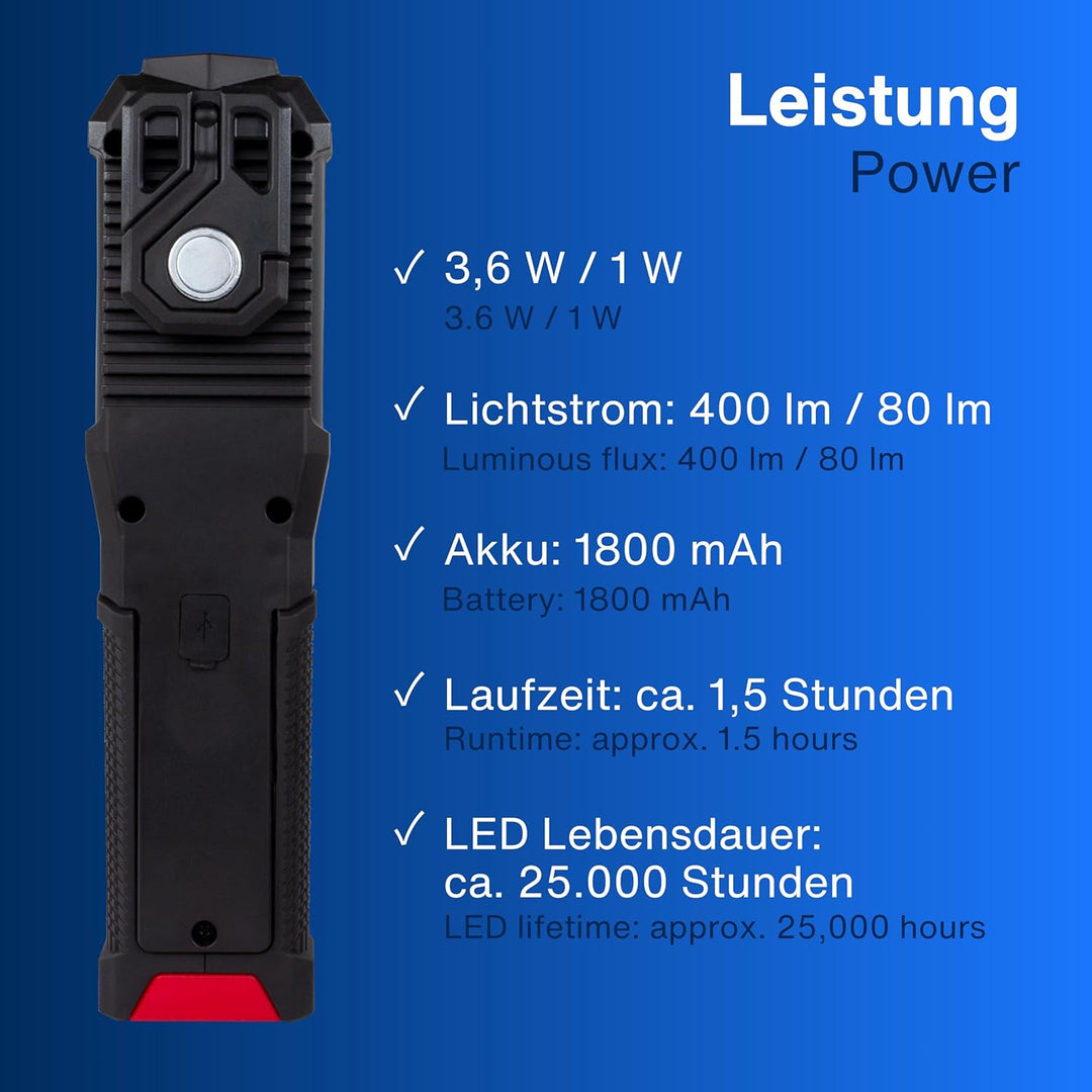 REV LED Arbeitsleuchte TORCH – Kompakte Akku Handlampe mit 360° Magnetfuss & Aufhängehaken, ideal fü