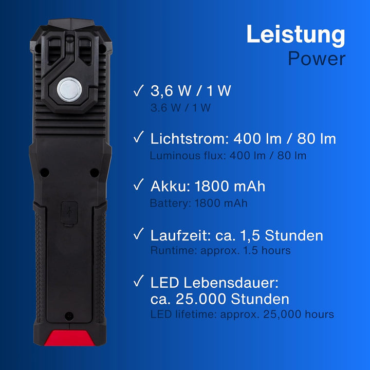 REV LED Arbeitsleuchte TORCH – Kompakte Akku Handlampe mit 360° Magnetfuss & Aufhängehaken, ideal fü