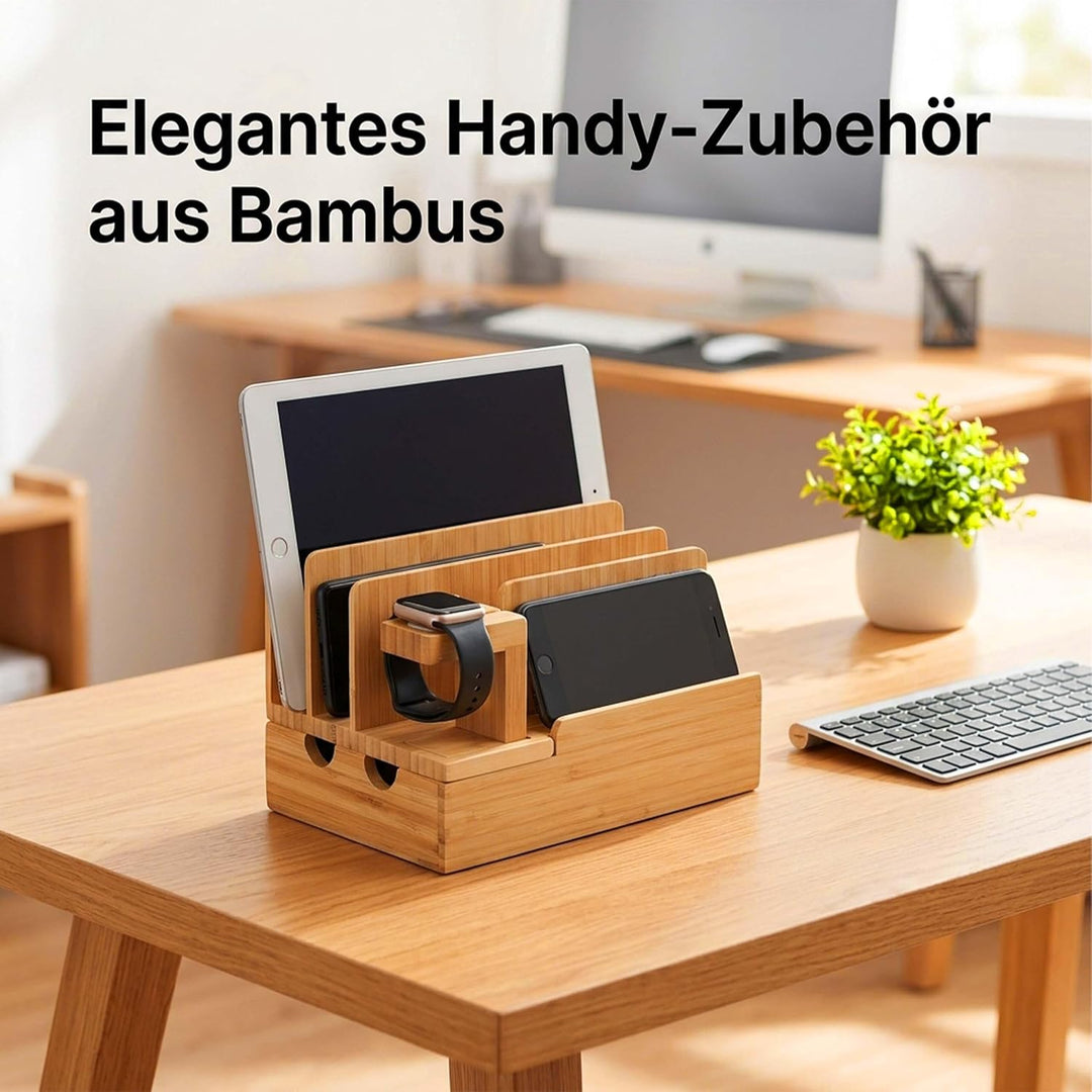Relaxdays Ladestation, für Apple Watch, Bambus, HxBxT 15 x 21,5 x 15 cm, Handystation, Tablethalter,