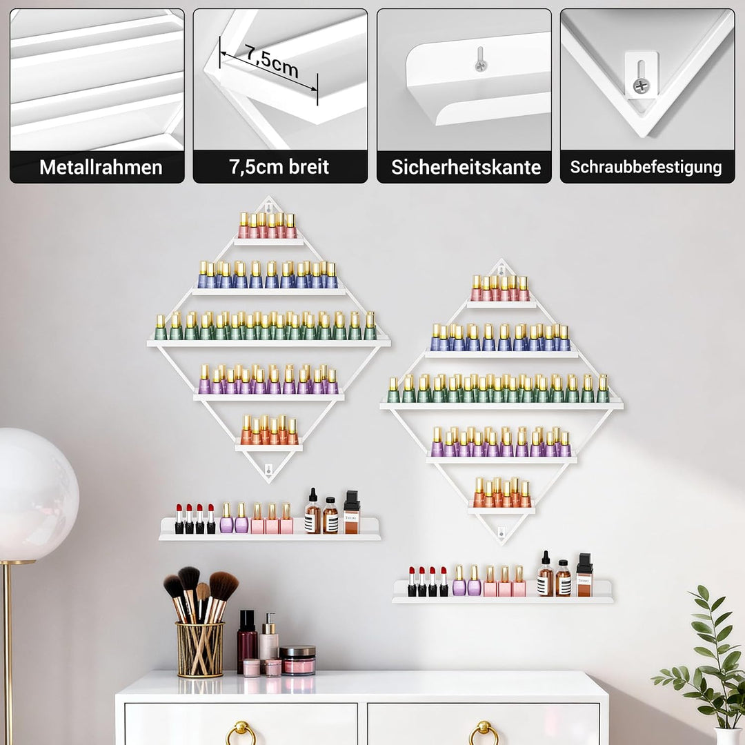 2er Set Nagellackregal Weiss Metall, Wandmontiert – 5-Stufiger Organizer für Nagellack, ätherische Ö