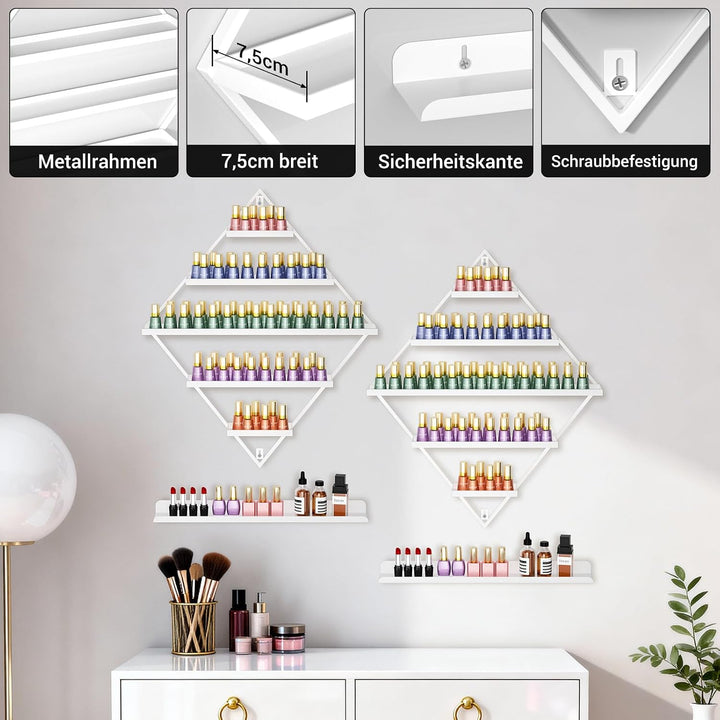 2er Set Nagellackregal Weiss Metall, Wandmontiert – 5-Stufiger Organizer für Nagellack, ätherische Ö
