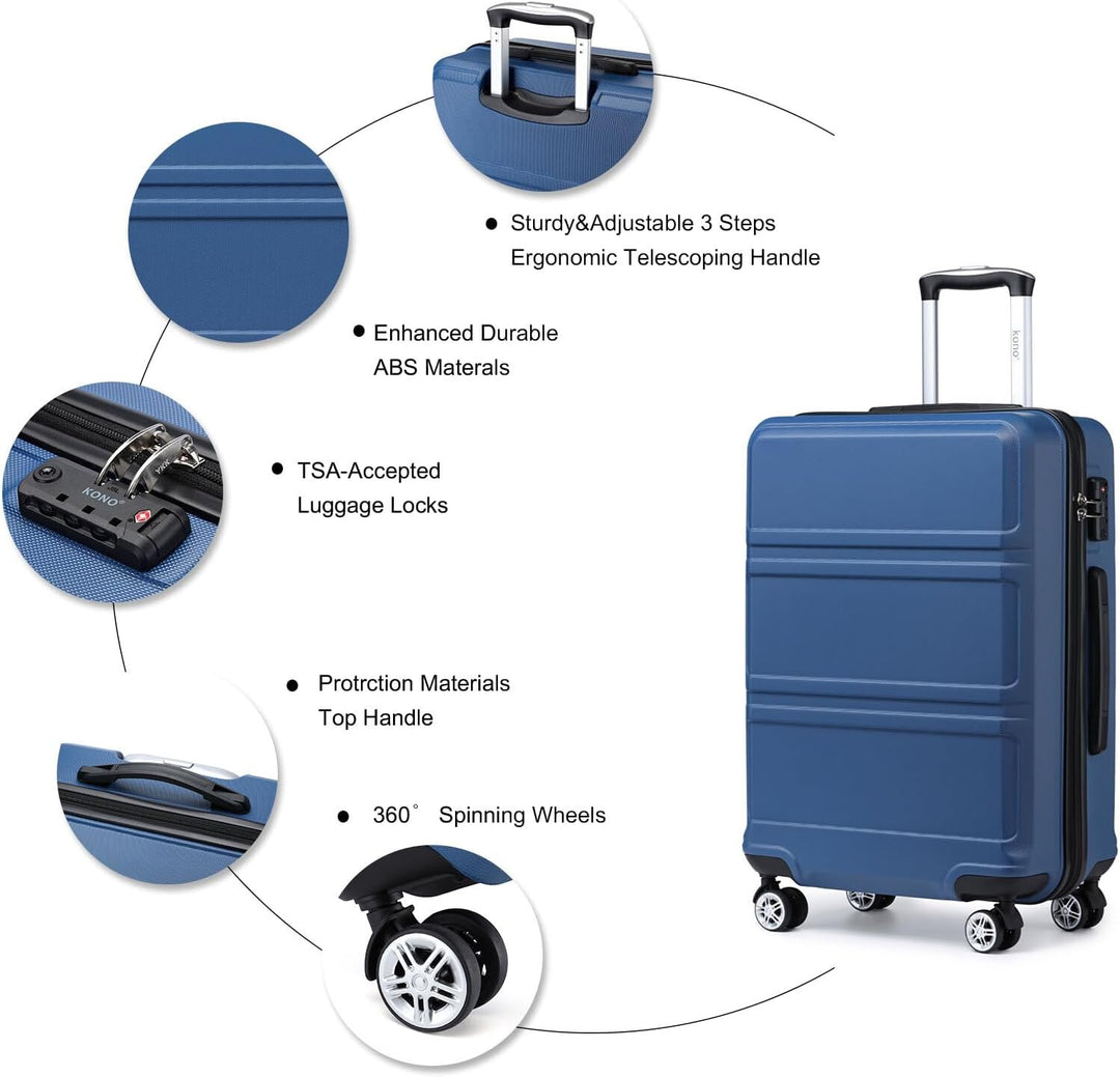 Kono ABS Kabinenkoffer, Hartschale, leicht, 55 cm, Handgepäck, mit Schloss TSA, 38 l Dunkelblau, Dun