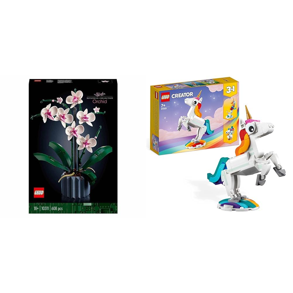 LEGO 10311 Icons Orchidee, Künstliche Pflanzen Set mit Blumen & 31140 Creator 3in1 Magisches Einhorn