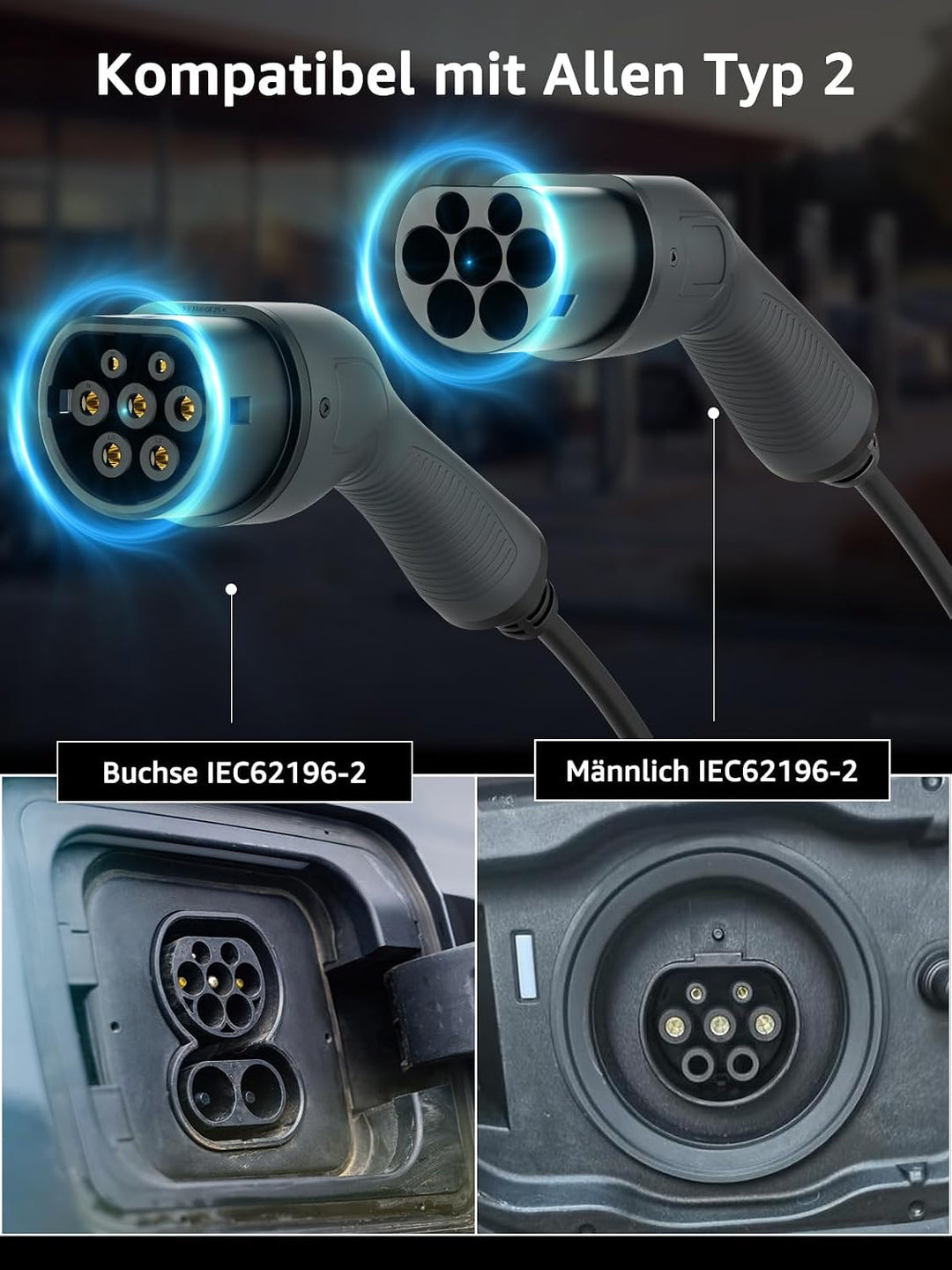bokman Typ 2 Ladekabel, 22kW / 32A / 3-Phasig / 3,5 Meter/Modus 3, Typ 2 auf Typ 2 EV Ladekabel für