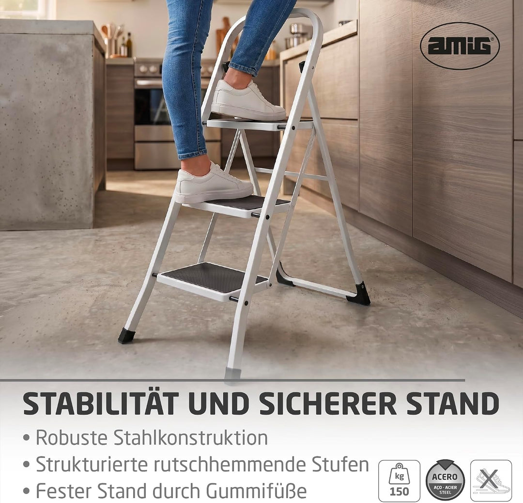 Amig Klappleiter 3 Stufen Stahl Weiss 106x72x46 cm
