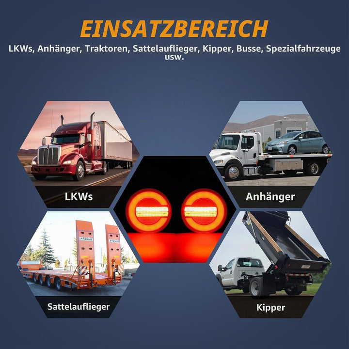 Yuanjoy 2 x Wasserdicht Rund Rückleuchten Anhänger LED 12V 24V, E-Prüfzeichen links und rechts Hambu