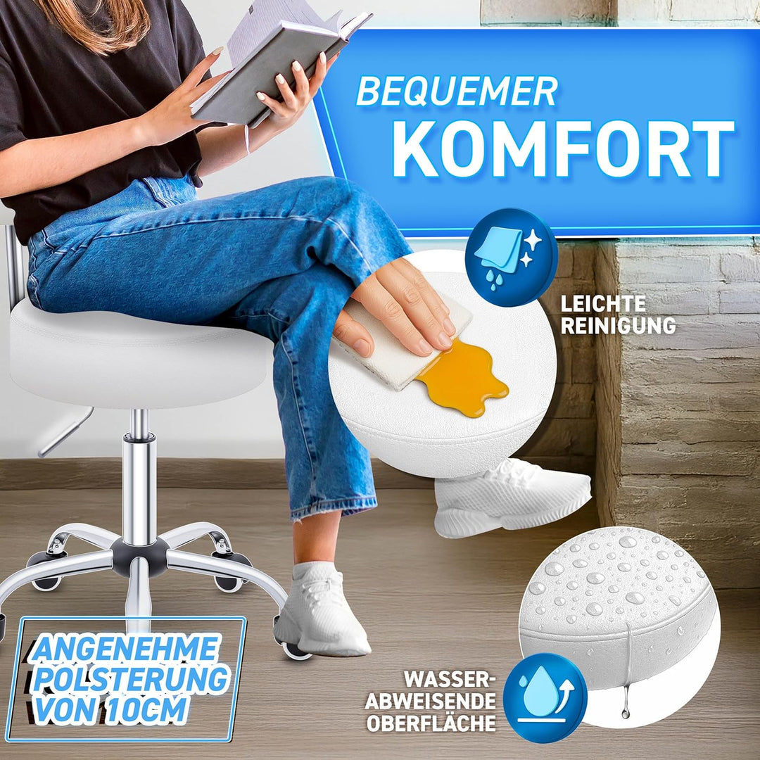 TRESKO® Rollhocker mit Lehne Weiss | Arbeitshocker höhenverstellbar 46-58 cm | Drehhocker mit Rollen