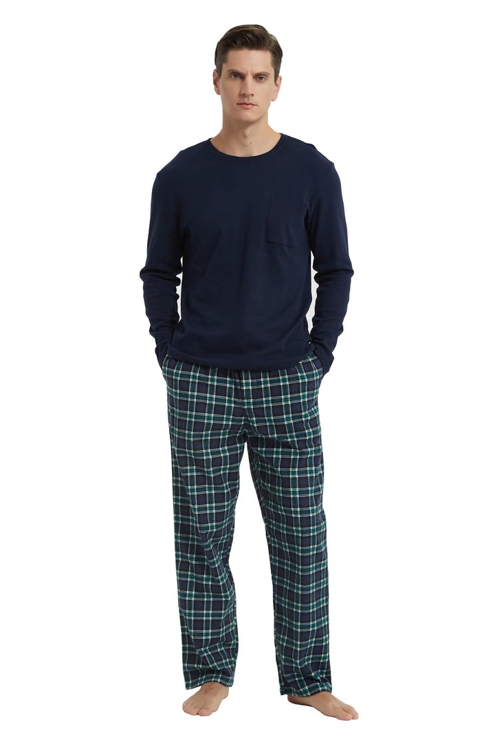 GLOBAL Herren Schlafanzüge Flanell Herren Pyjama Set Baumwolle Langarm-Pullover Oberteil und elastis