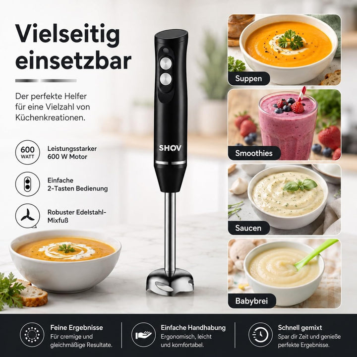 Shov Stabmixer- Hochleistungs-Stabmixer, Edelstahlklingen, 2 Geschwindigkeiten, Ergonomisches Design