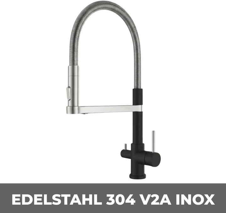 AORA® | STATEMENT INOX 3 Wege Wasserhahn aus Edelstahl 2.0 | 360° drehbare Küchenarmatur aus massive