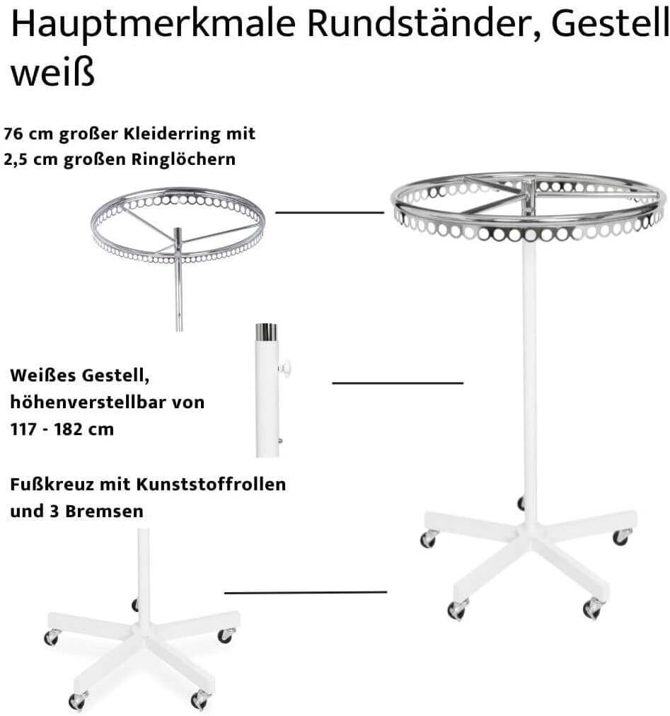 Rollbarer Rundständer Ringständer Kleiderständer höhenverstellbar stabiler 5 Stern Fuss weiss lackie