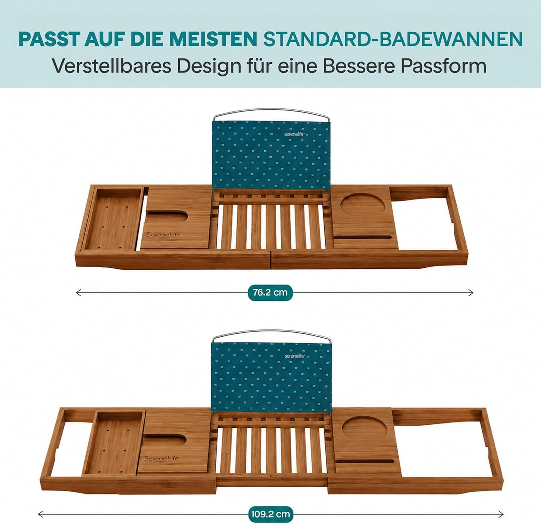 SereneLife Badewannenablage aus natürlichem Bambus, ausziehbares Badewannenbrett, Ablage Badewanne E