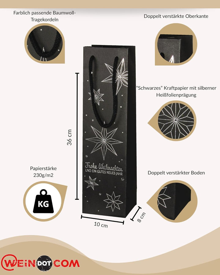 10x Wein Geschenktüte Weihnachten, für 1 Flasche, Streifenstruktur mit Sternmotiv, Schwarz & Silber