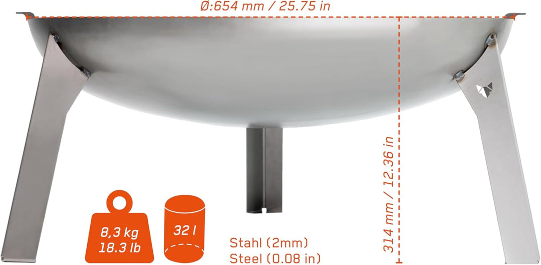FENNEK Feuerschale 3 Pod | Grosse Feuerstelle aus massivem 2,0 mm Stahl | Ø 65 cm | Für Garten, Terr