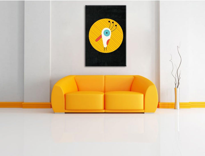 Pixxprint Lustiger Vogel mit gestreiftem Hintergrund schwarz, Format: 70x100 auf hochkantiges Leinwa