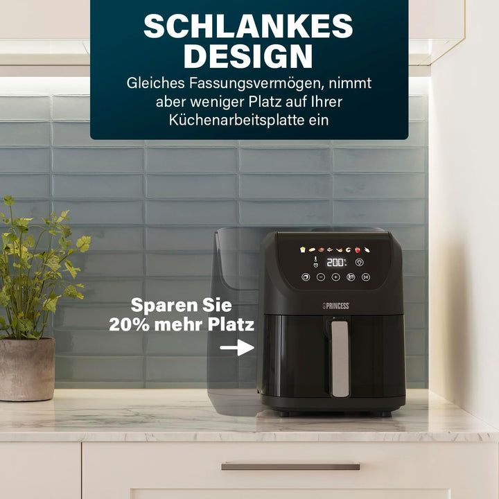 Princess Slim Airfryer 5L - 1500 W - leiser Betrieb (55 db) - Platzsparendes Design - Ölfrei - 8 Koc