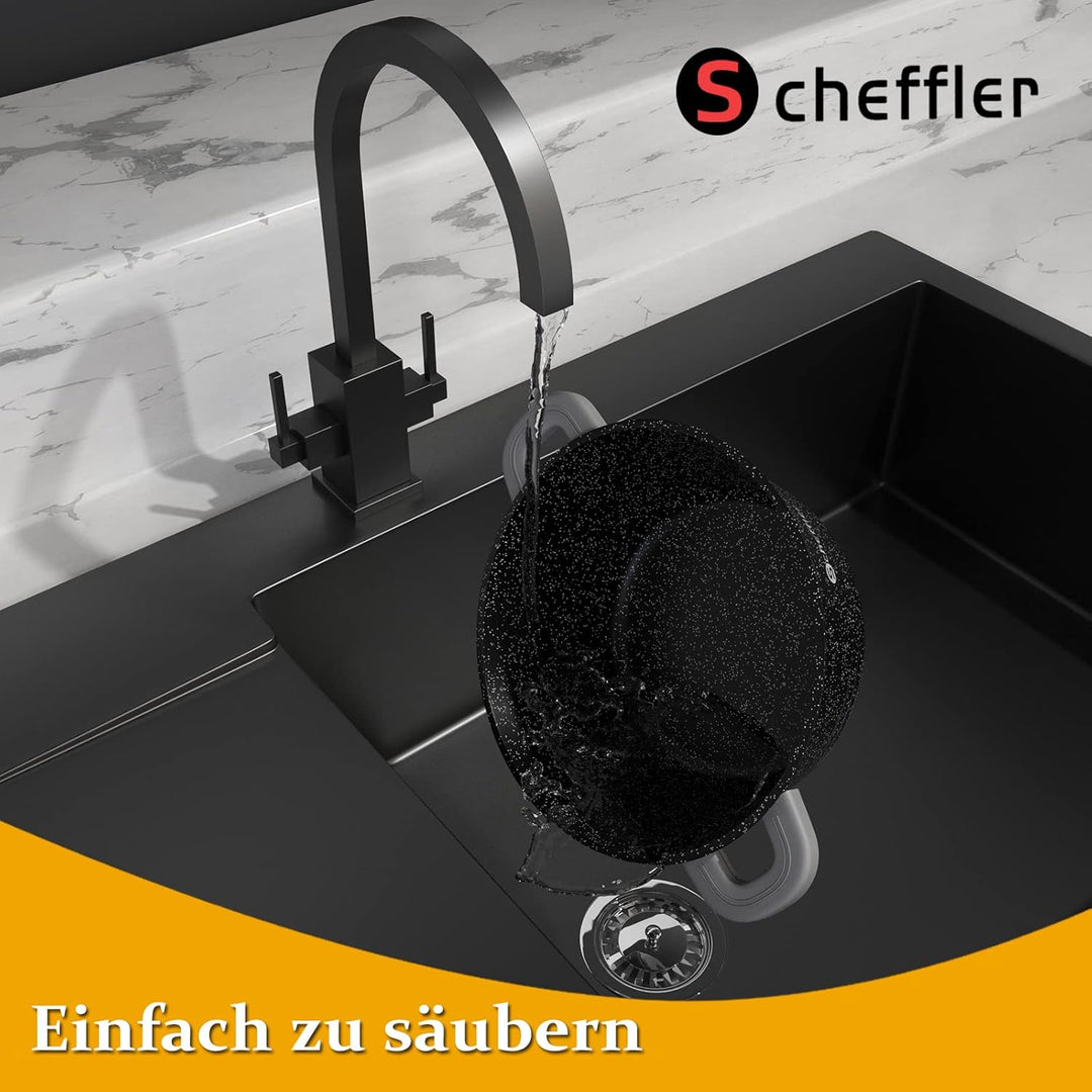Topf Scheffler Kochtopf 28cm 6L mit Glasdeckel, Schmortopf mit Antihaftbeschichtung, Bratentopf Indu