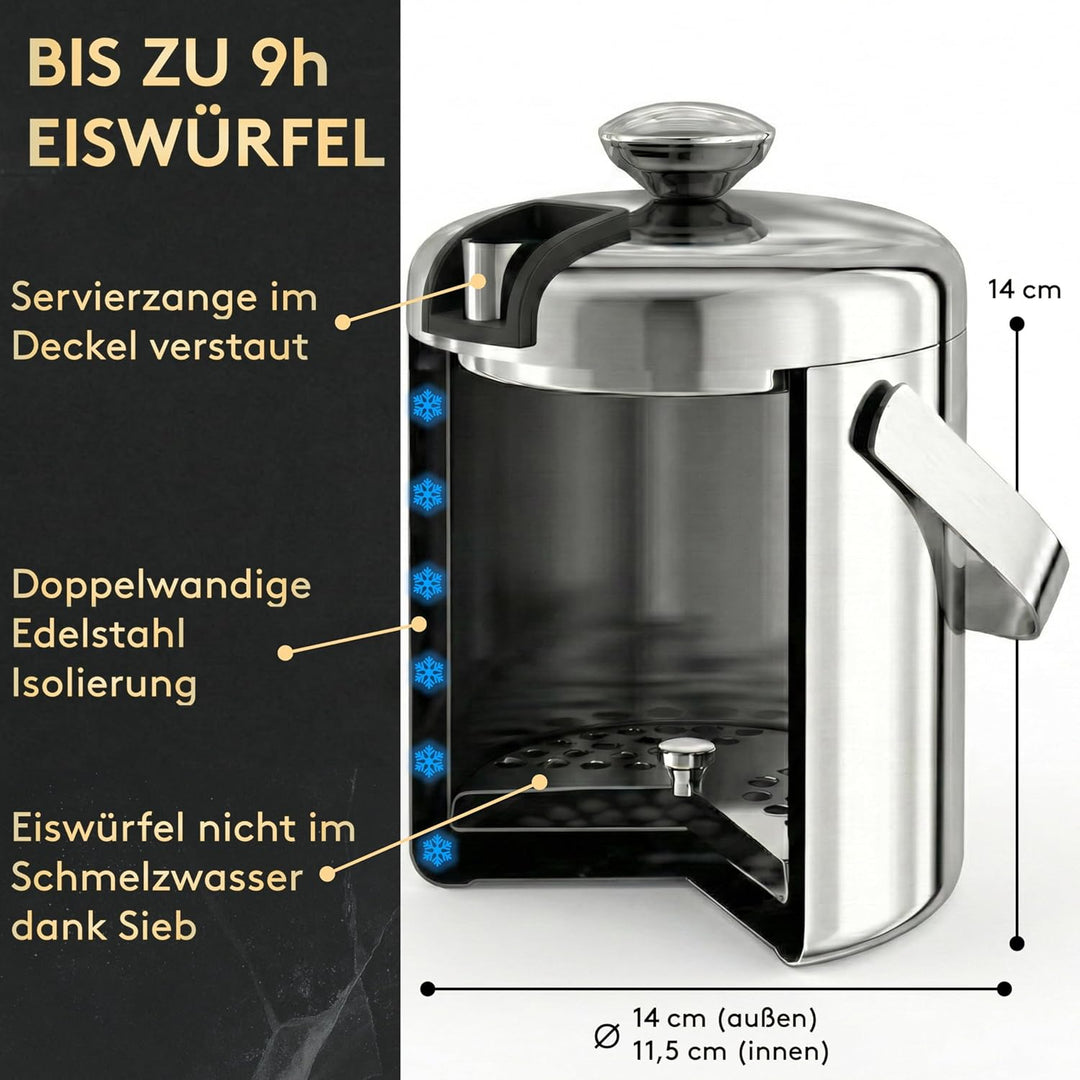 SilverRack Edelstahl Eiswürfelbehälter mit Deckel u. Zange [1,3l] - Eisbehälter für Eiswürfel perfek