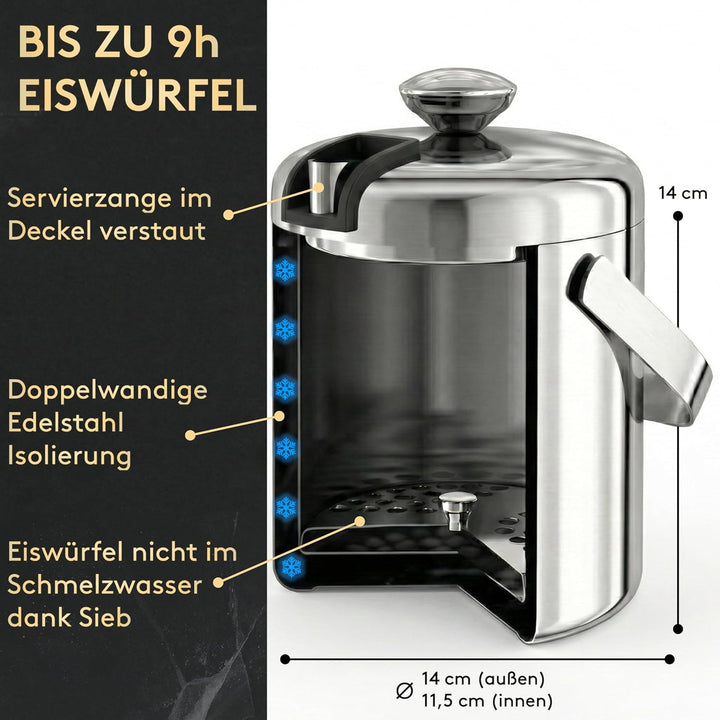 SilverRack Edelstahl Eiswürfelbehälter mit Deckel u. Zange [1,3l] - Eisbehälter für Eiswürfel perfek