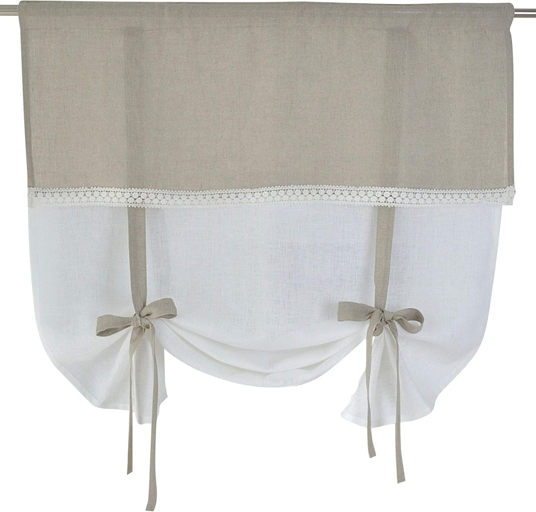 Kutti Raffgardine Venezia 100% Leinen Weiss Natur Landhaus Borte Schleifen romantisch (100 x 100 cm,