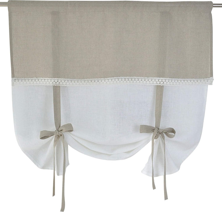 Kutti Raffgardine Venezia 100% Leinen Weiss Natur Landhaus Borte Schleifen romantisch (100 x 100 cm,