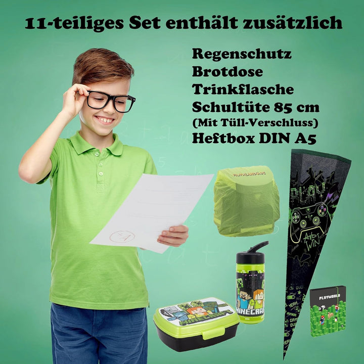 Familando - Schulranzen Set 10-teilig mit Schultüte - Minecraft - Ergonomisch, stabil & mit gepolste