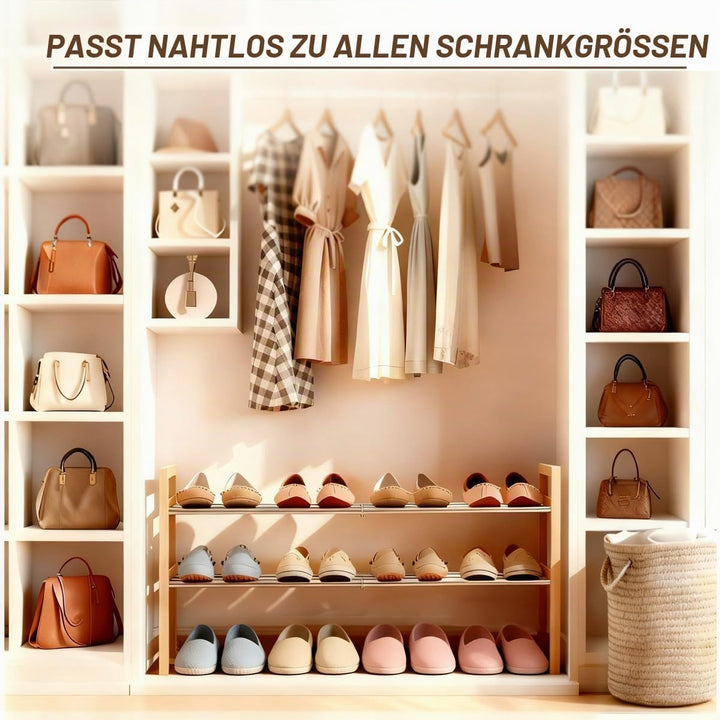 LEMIKKLE Schuhregal Holz Eiche 2-stöckig, Erweiterbar Mit Edelstahl-Elementen, Ideal Für Enge Räume,