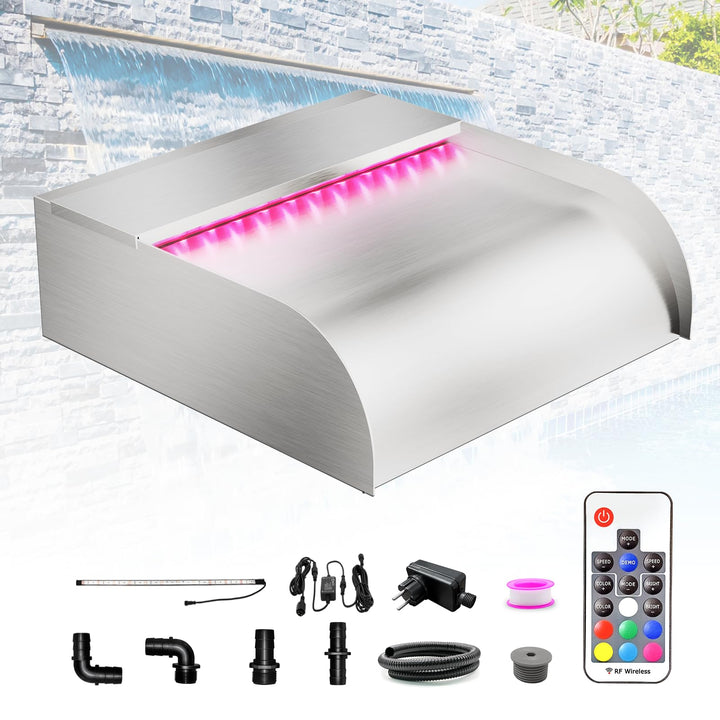 LONGRUN 30cm Teich Wasserfall Set,304 Edelstahl Pool Wasserfall mit RGB LED und Fernbedienung, Breit