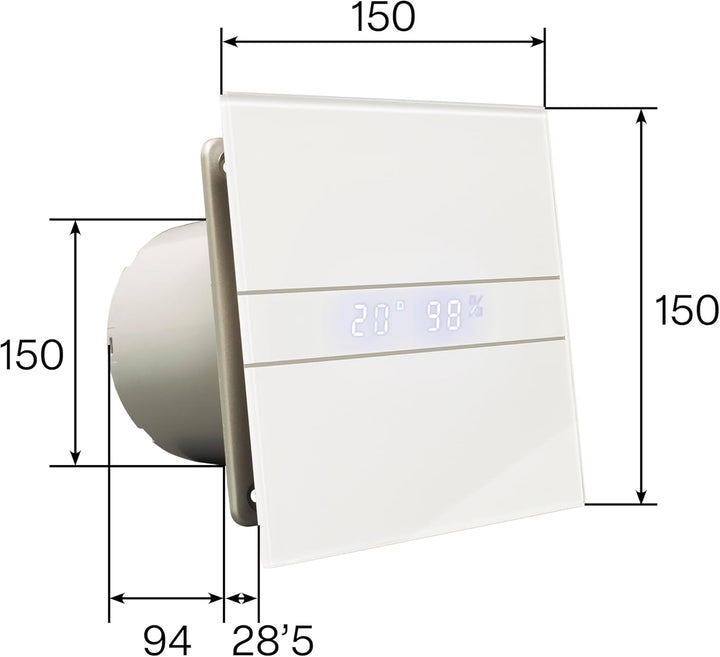 E-100 GTH - Abluftventilator Bad - Serie E Glass Hygro - Glasfront - Zeitschaltuhr Luftfeuchtigkeits