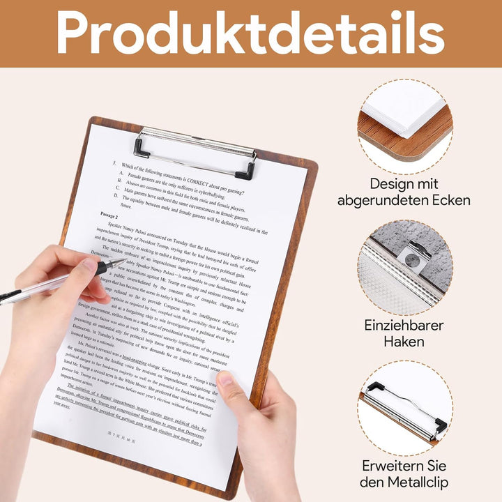 4 Stück Klemmbrett A4, Bürohelfer Klemmmappe aus Holz, Klemmbretter set mit Metallclip, für Arbeit Z