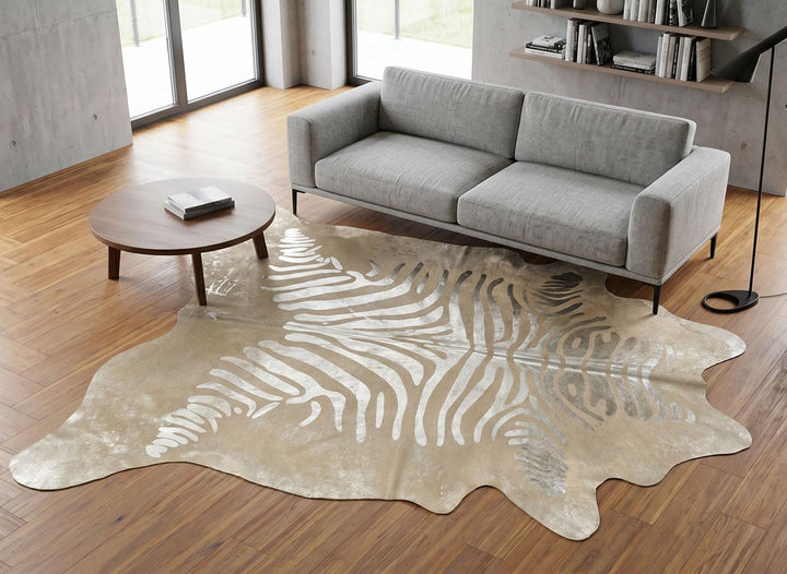 Kuhfell Stierfell Teppich Zebra Silber Devore ca. 220 x 190 cm aus Brasilien Kuhfell mit Zebra Prägu