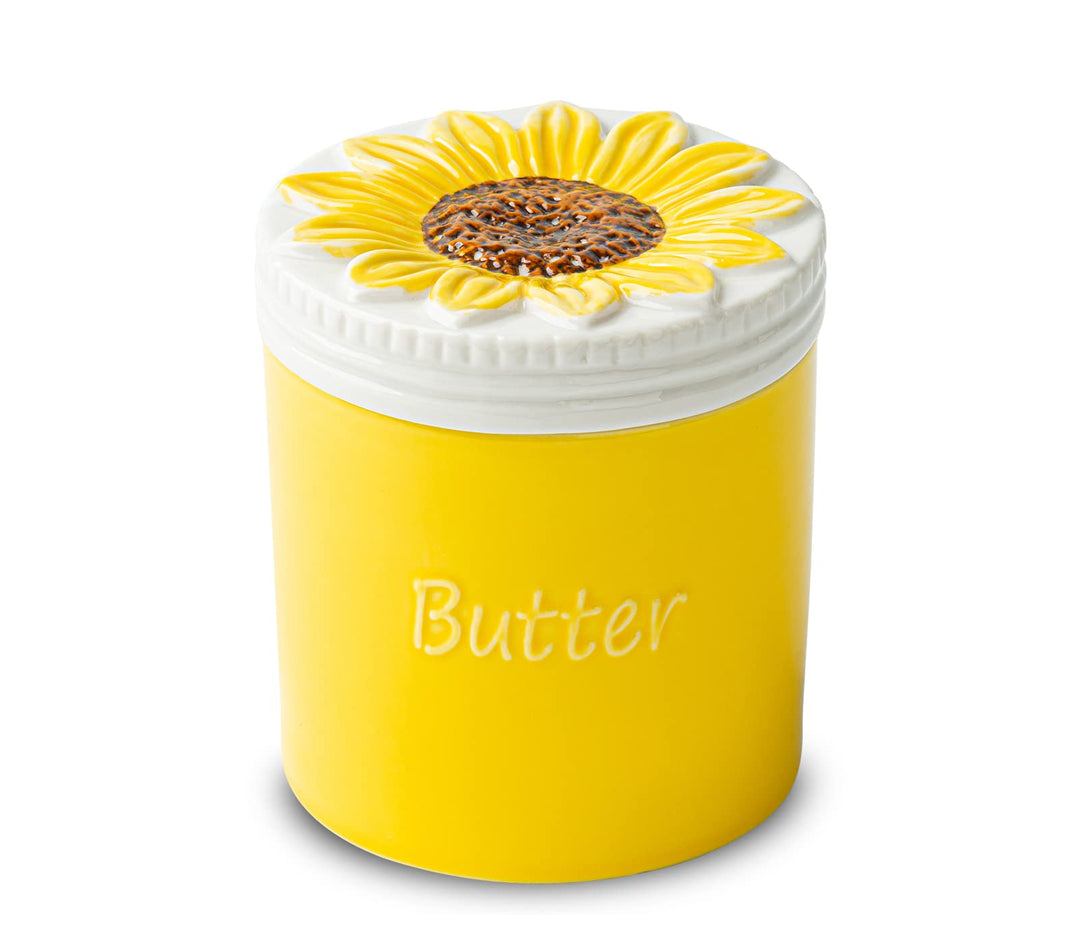 Butterdose mit Sonnenblumen-Motiv, französische Butterdose, Keramikbecher, Butterhalter mit Wasserli
