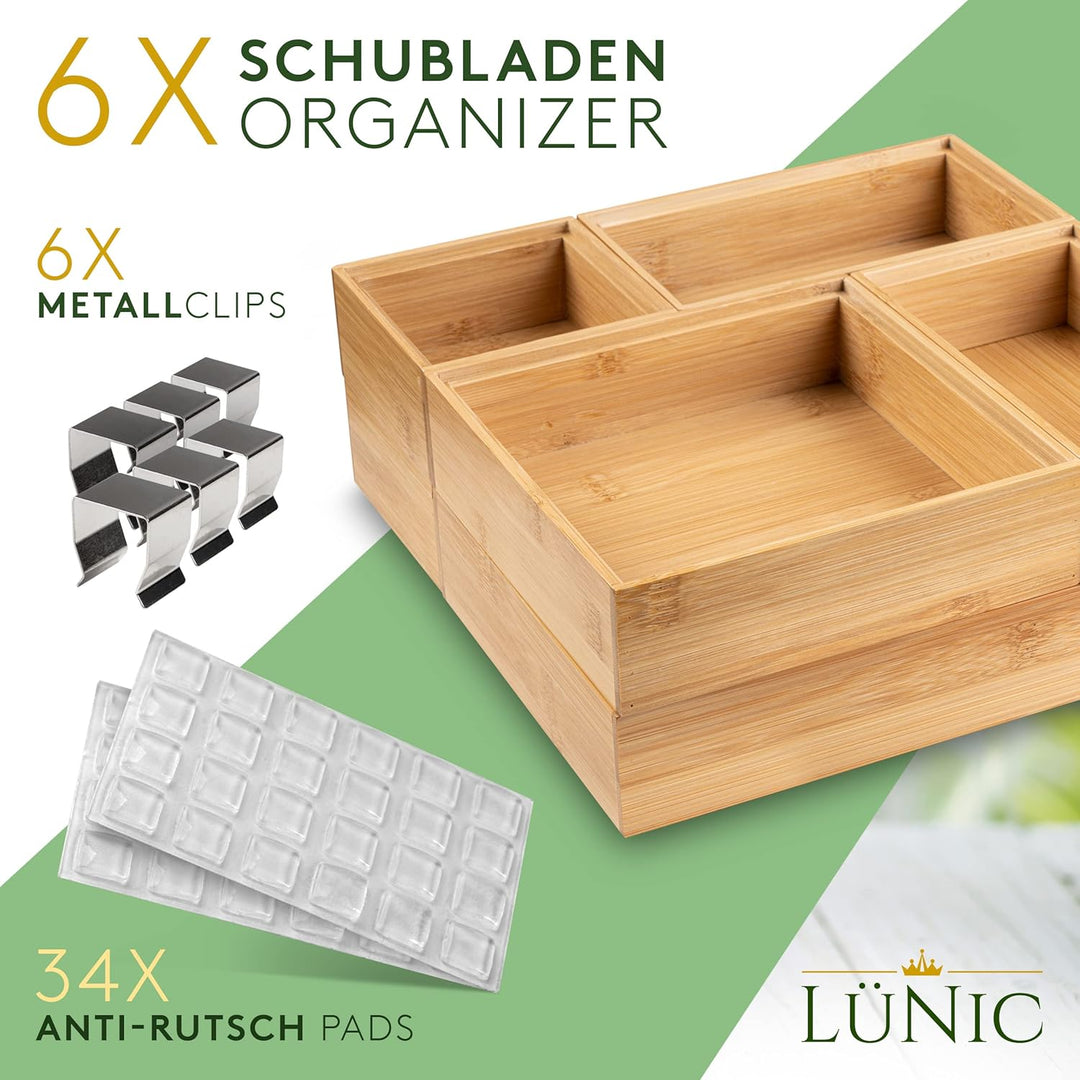 LÜNIC Schubladenbox Bambus - Sortierbox Aufbewahrung Schubladen [6 Teile] - Nachhaltige Bambus Box f