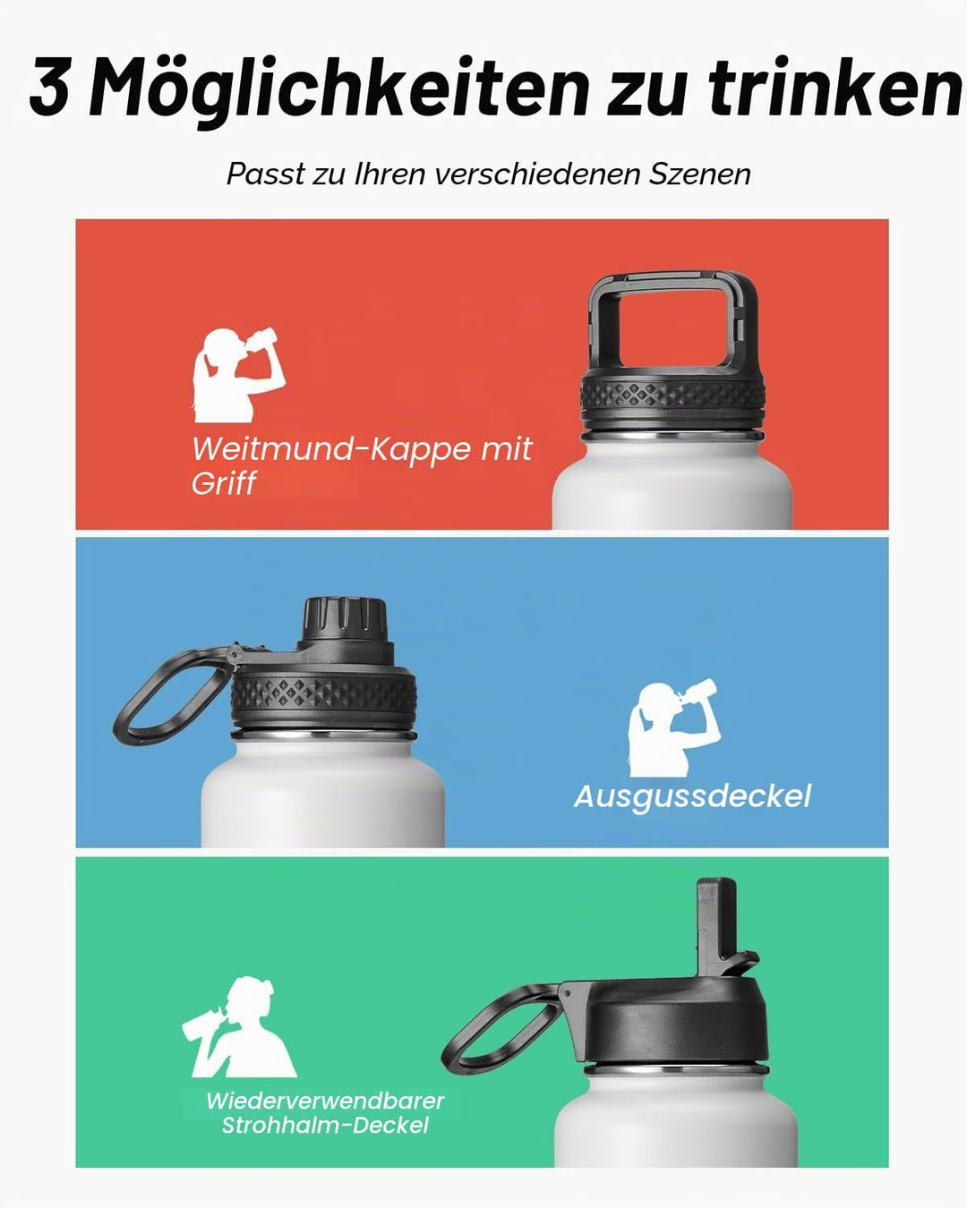 Coolflask Wasserflasche mit Strohhalm, isoliert, Edelstahl, Metall, 3 Deckel, Wasserflasche für Spor
